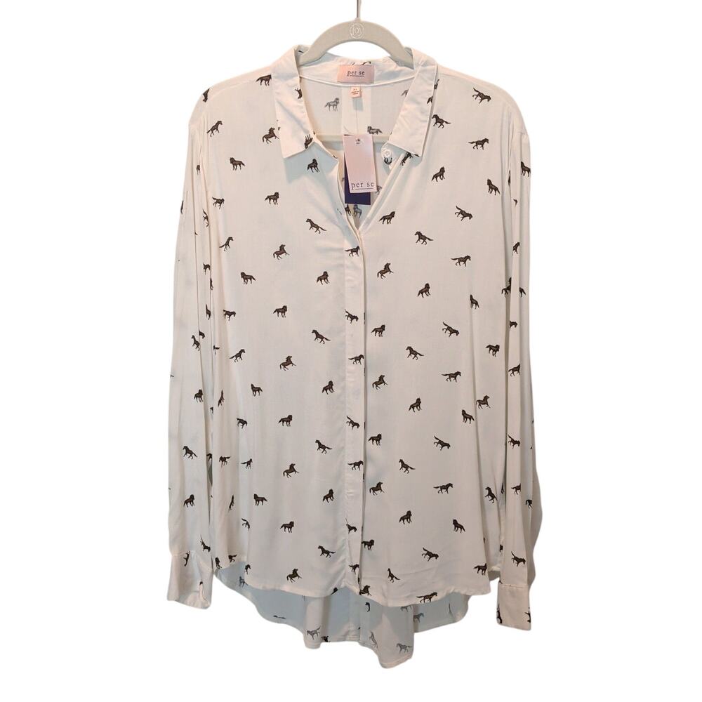 NWT Per Se Women's Sz XL White Horse Print Button Up Shirt Flowy Novelty